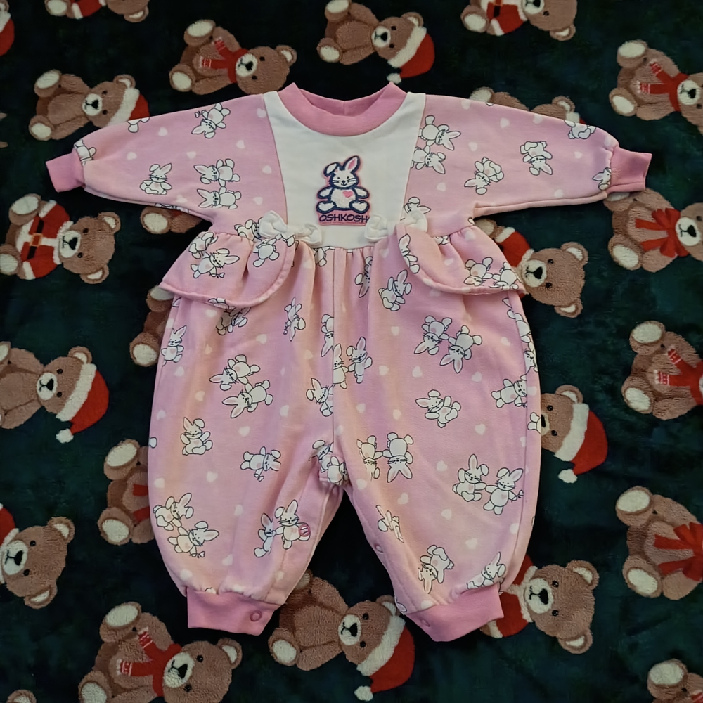 RARE Vintage OshKosh B'gosh Pink Bunny Jumpsuit Romper 6-9  Months VGUC